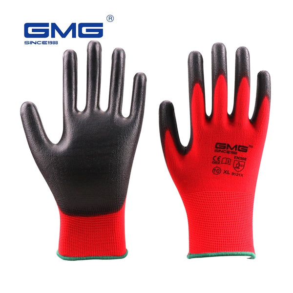 Hot Sale GMG CE Certificated EN388 Red Polyester Black PU Work Safety Gloves Mechanic Working Gloves