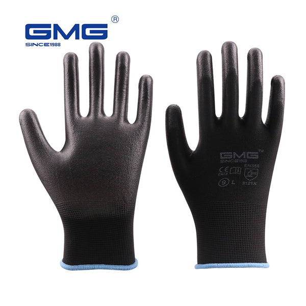 Hot Sale GMG CE Certificated EN388 Black Red White Polyester White Black PU Safety Work Gloves Mechanical Black Gloves