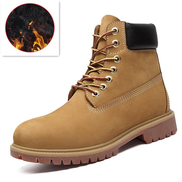 Luxury Men Genuine Leather Boots Men Winter Boots Lace Up Ankle Snow Boots Men Waterproof First layer cowhide Boots Yellow Shoes