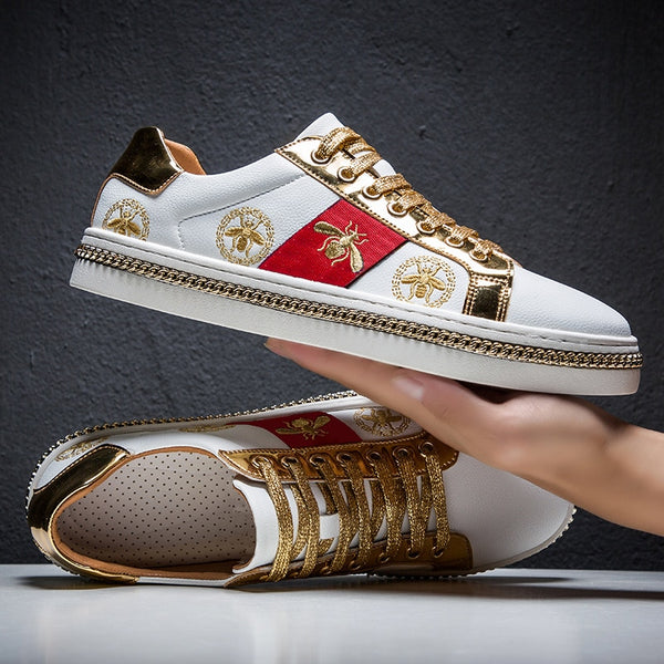 Men's Casual Shoes Men White Skate Sneakers PU Leather Golden Luxury Embroidery Breathable Flats