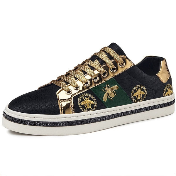 Men's Casual Shoes Men White Skate Sneakers PU Leather Golden Luxury Embroidery Breathable Flats