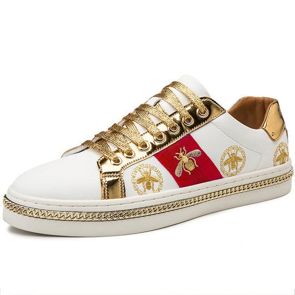 Men's Casual Shoes Men White Skate Sneakers PU Leather Golden Luxury Embroidery Breathable Flats