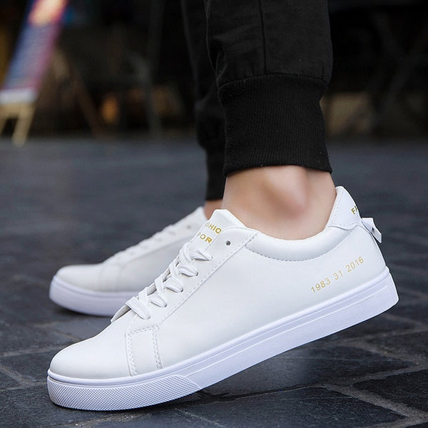 Men's Vulcanize Shoes Waterproof Simple Solid Color White Trendy Sneakers Men Korean Style Flat with Breathable Footwear Casual
