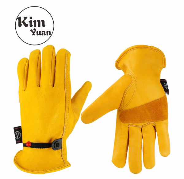 KIMYUAN 001 Golden Cowhide Work Gloves For Yard work/Cutting/Construction/Motorcycle,With wrist buckle Free adjustment Men&Women