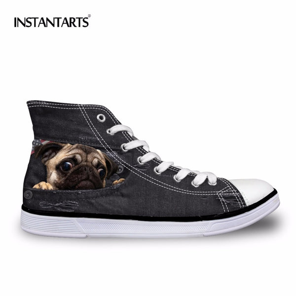 INSTANTARTS Black Denim Men' s Vulcanize High Top Shoes Youth Boys Cute Animal Cat Dog Design Classic Spring Autumn Canvas Shoes