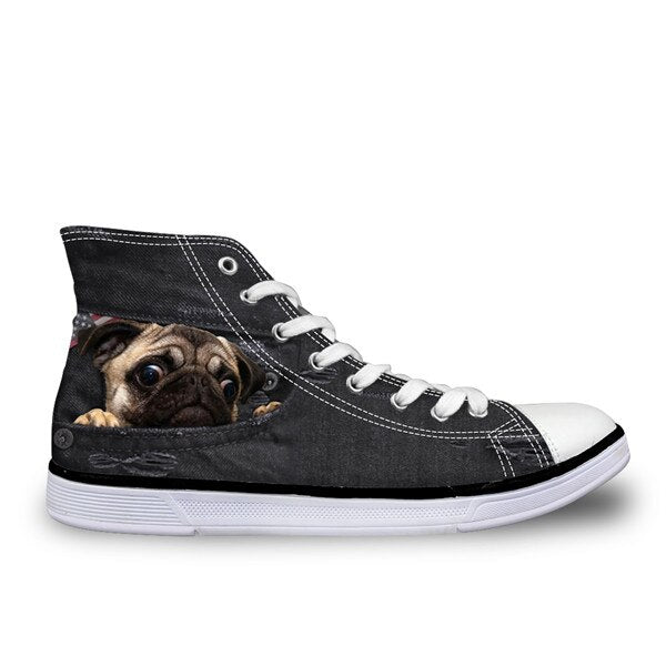 INSTANTARTS Black Denim Men' s Vulcanize High Top Shoes Youth Boys Cute Animal Cat Dog Design Classic Spring Autumn Canvas Shoes