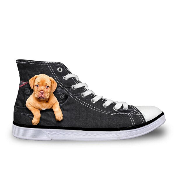 INSTANTARTS Black Denim Men' s Vulcanize High Top Shoes Youth Boys Cute Animal Cat Dog Design Classic Spring Autumn Canvas Shoes