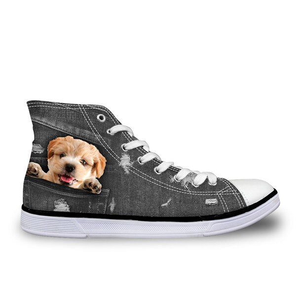 INSTANTARTS Black Denim Men' s Vulcanize High Top Shoes Youth Boys Cute Animal Cat Dog Design Classic Spring Autumn Canvas Shoes
