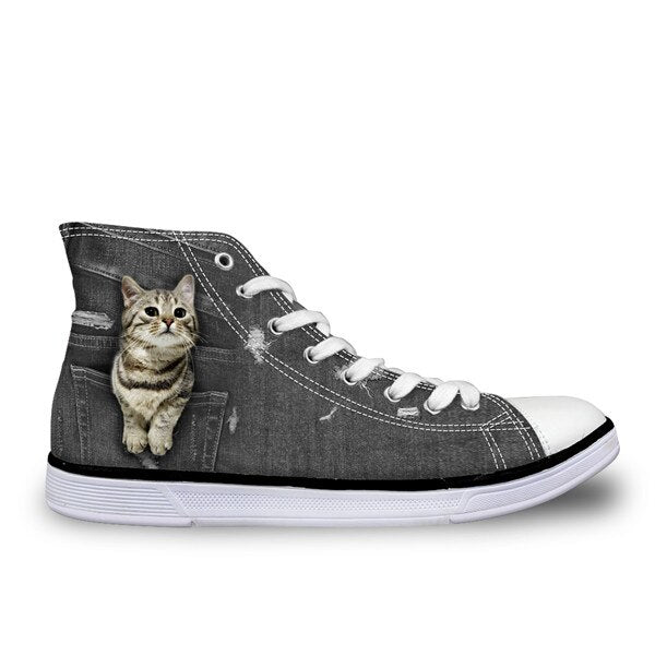 INSTANTARTS Black Denim Men' s Vulcanize High Top Shoes Youth Boys Cute Animal Cat Dog Design Classic Spring Autumn Canvas Shoes