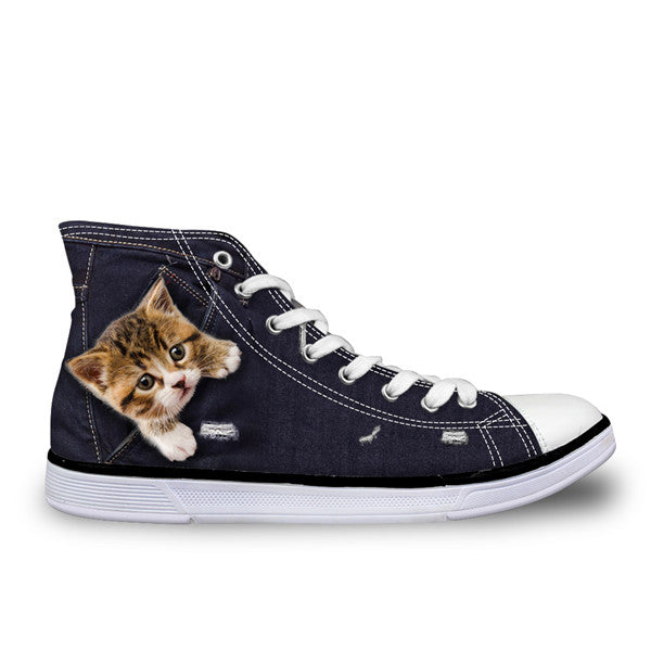INSTANTARTS Black Denim Men' s Vulcanize High Top Shoes Youth Boys Cute Animal Cat Dog Design Classic Spring Autumn Canvas Shoes