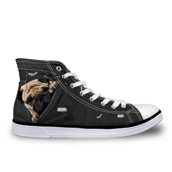INSTANTARTS Black Denim Men' s Vulcanize High Top Shoes Youth Boys Cute Animal Cat Dog Design Classic Spring Autumn Canvas Shoes