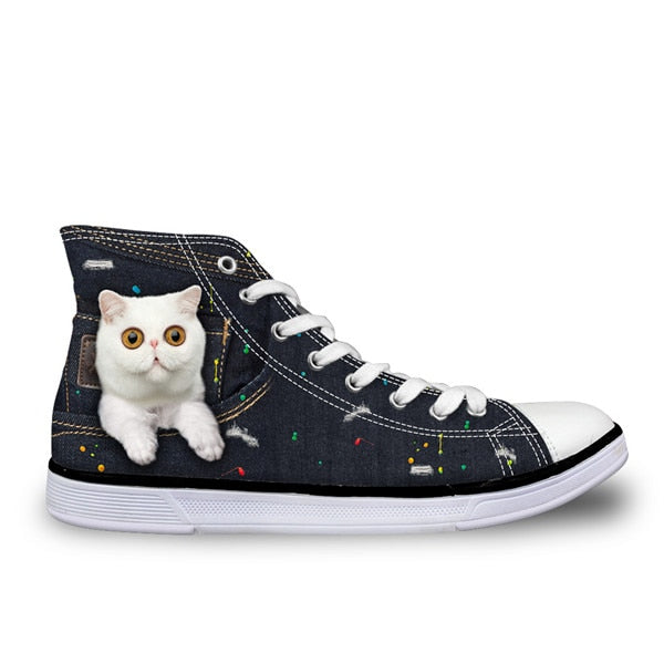 INSTANTARTS Black Denim Men' s Vulcanize High Top Shoes Youth Boys Cute Animal Cat Dog Design Classic Spring Autumn Canvas Shoes