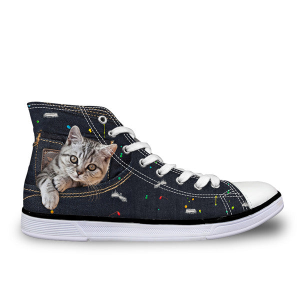 INSTANTARTS Black Denim Men' s Vulcanize High Top Shoes Youth Boys Cute Animal Cat Dog Design Classic Spring Autumn Canvas Shoes