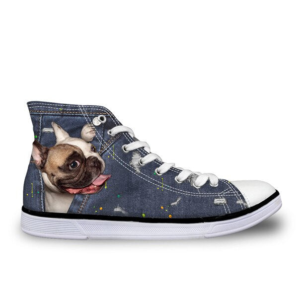 INSTANTARTS Black Denim Men' s Vulcanize High Top Shoes Youth Boys Cute Animal Cat Dog Design Classic Spring Autumn Canvas Shoes