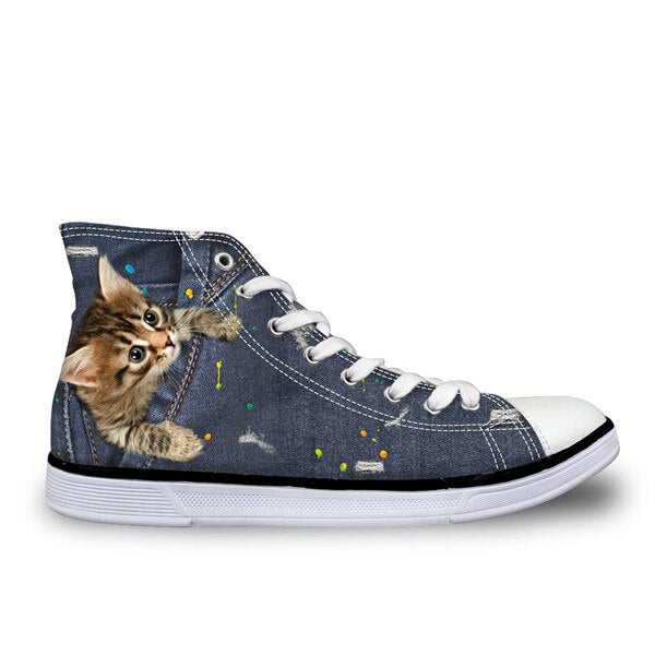 INSTANTARTS Black Denim Men' s Vulcanize High Top Shoes Youth Boys Cute Animal Cat Dog Design Classic Spring Autumn Canvas Shoes