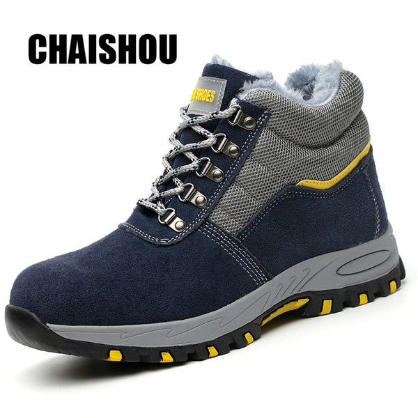 shoes men Work boots Winter Warm Outdoor Steel toe cap Anti-smashing anti-piercing Outdoor lace-up Cow suede Safety shoes CS-256